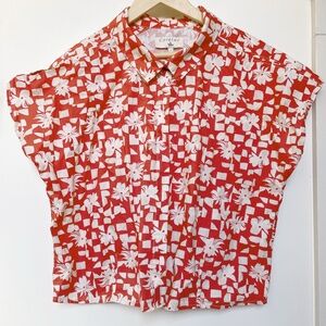Cotélac Women's Collar Short Sleeves Button Down Shirt Red Size 3.